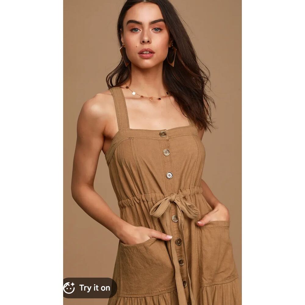 Free People Dress Medium Catch the Breeze Tan Linen Midi Brown Boho Casual - Picture 2 of 12